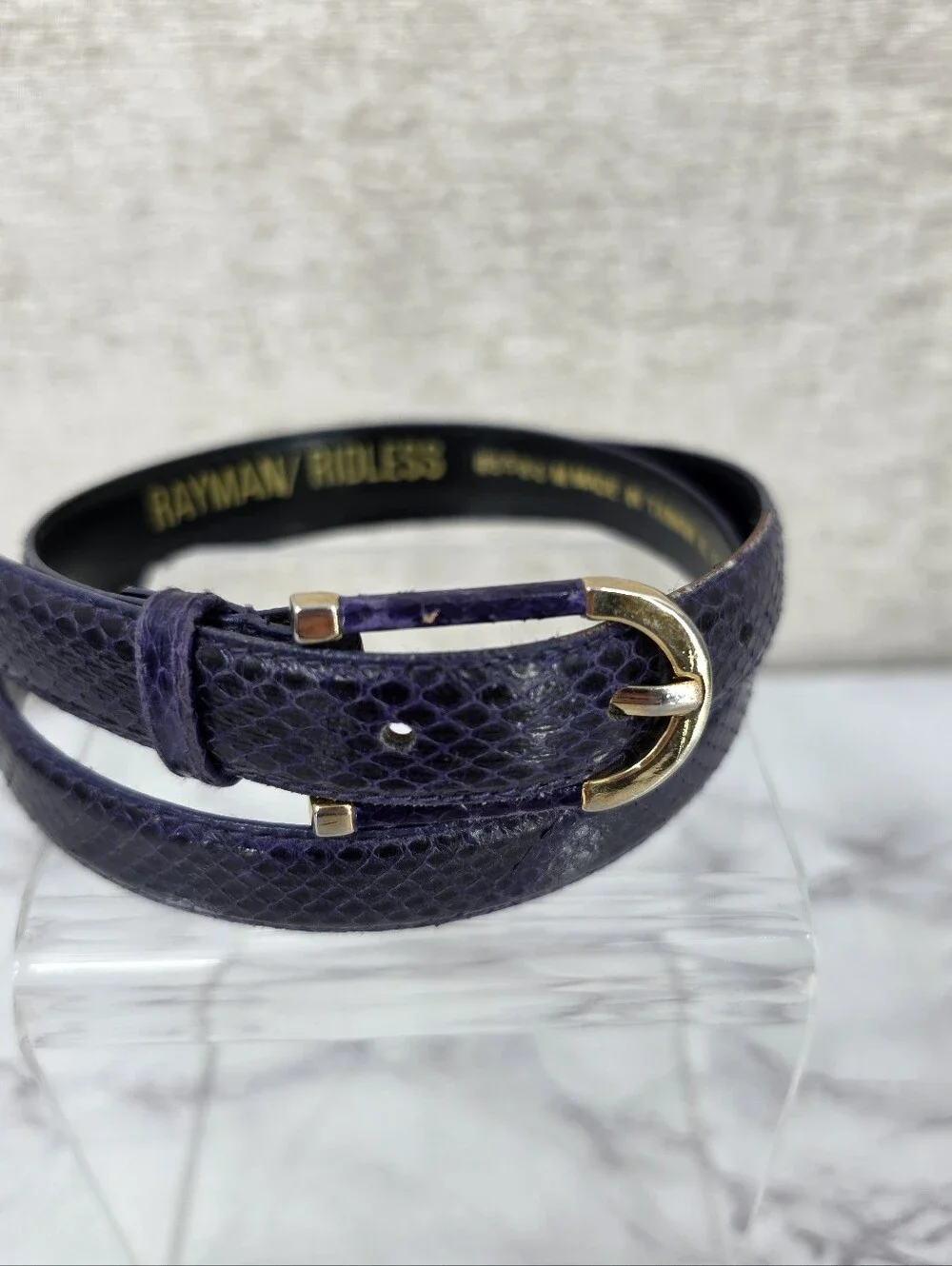 Vintage Snakeskin Leather Slender Purple Belt with Gold Tone Buckle 80s